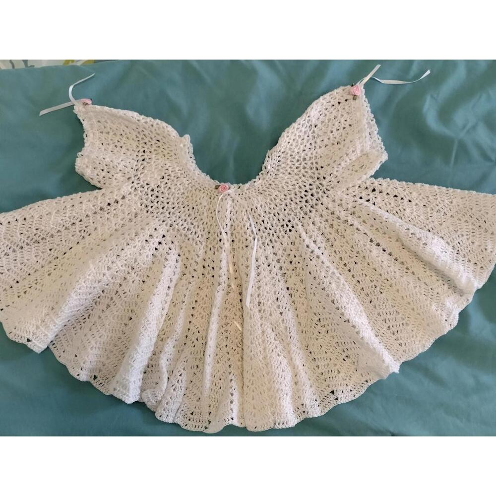 Hand crocheted white Infant gown, 3-6 Mo